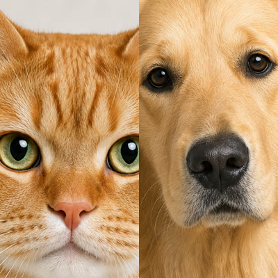 Mochi the orange tabby cat and Biscuit the golden retriever